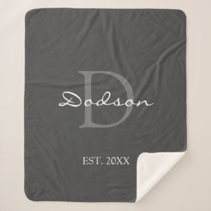 Modern Grey White Script Family Monogram Name Sherpa Blanket