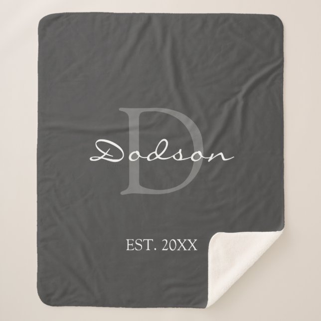 Modern Grey White Script Family Monogram Name Sherpa Blanket (Front)