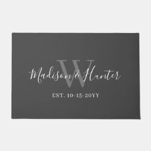 Modern Grey White Script Monogram Newlyweds Doormat