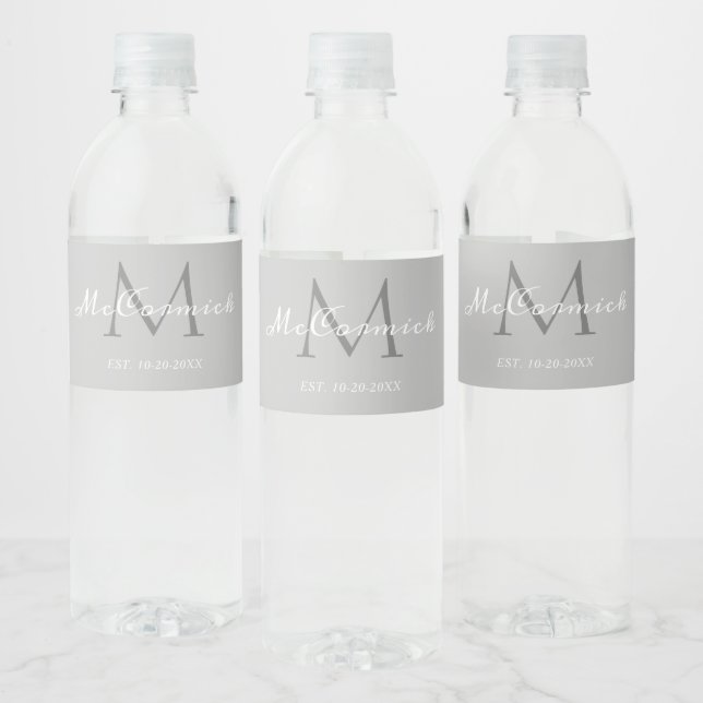 Modern Grey White Script  Monogram Wedding Water Bottle Label (Bottles)