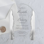 Modern Grey White Silver Agate Arch Wedding Acrylic Invitations<br><div class="desc">This elegant arch-shaped modern wedding invitation features grey and white watercolor agate side borders trimmed with faux silver glitter. The customisable text combines handwriting,  copperplate and italic fonts in charcoal grey on a clear background.</div>