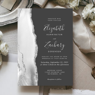 Modern Grey White Silver Agate Dark Wedding Invitation