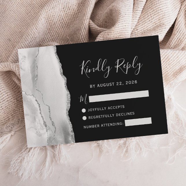 Modern Grey White Silver Agate Slate Wedding RSVP Card (Creator Uploaded)