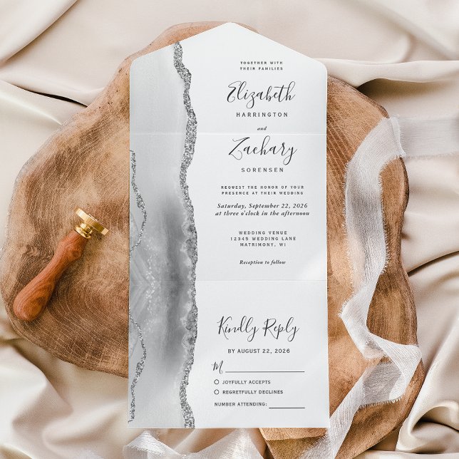 Modern Grey White Silver Agate Wedding All In One Invitation (Creator Uploaded)