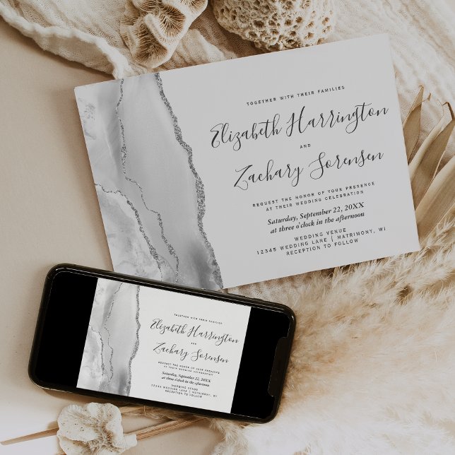 Modern Grey White Silver Agate Wedding Invitation (Creator Uploaded)