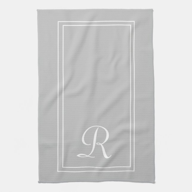 Modern Grey White Striped Monogram Tea Towel (Vertical)