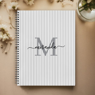 Modern Grey & White Stripes Monogram Name Notebook