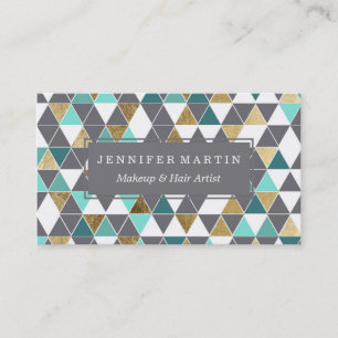 Modern Grey White Teal and Faux Gold Triangles Business Card