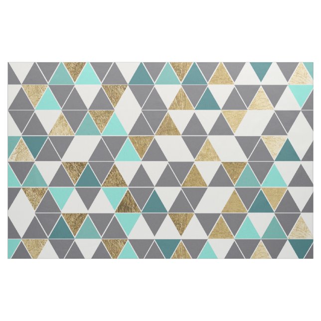 Modern Grey White Teal and Faux Gold Triangles Fabric (Yard)