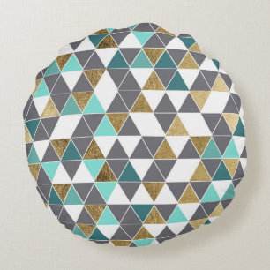 Modern Grey White Teal and Faux Gold Triangles Round Cushion