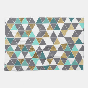 Modern Grey White Teal and Faux Gold Triangles Tea Towel