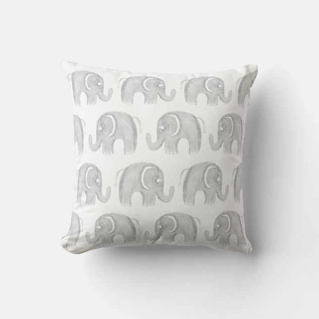 Modern grey white watercolor hand painted elephant cushion (Front)