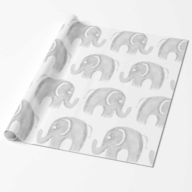 Modern grey white watercolor hand painted elephant wrapping paper (Unrolled)