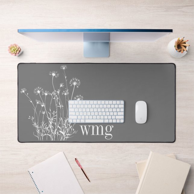 Modern Grey & White Wildflowers Monogram Desk Mat (Office 1)