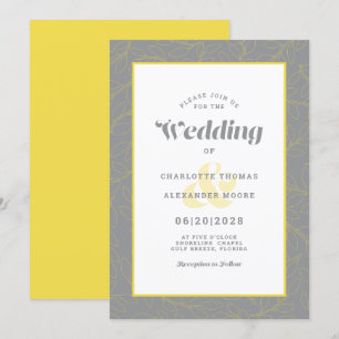 Modern Grey & Yellow Abstract Leaves Pattern Invitation