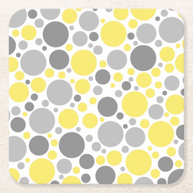 Modern Grey Yellow Bubbles Square Paper Coaster (Front)