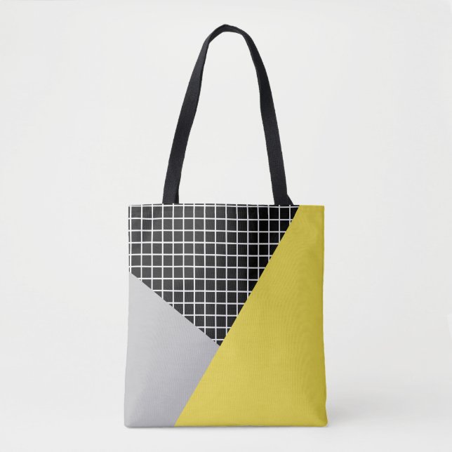 Modern grey yellow colour block grid tote bag (Front)