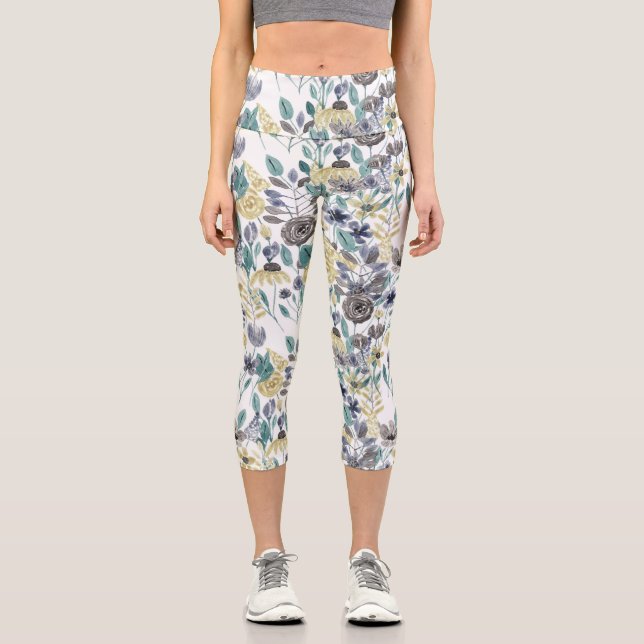 Modern Grey Yellow Floral Watercolor Pattern Capri Leggings (Front)