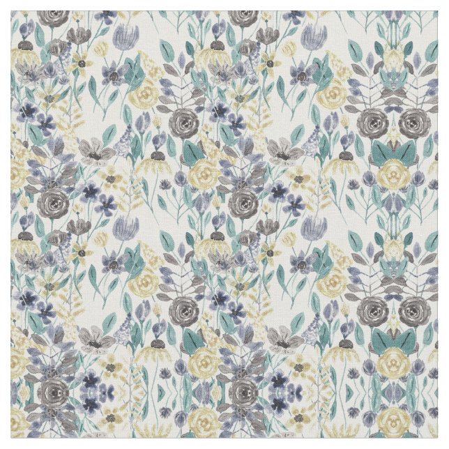 Modern Grey Yellow Floral Watercolor Pattern Fabric (Close Up)