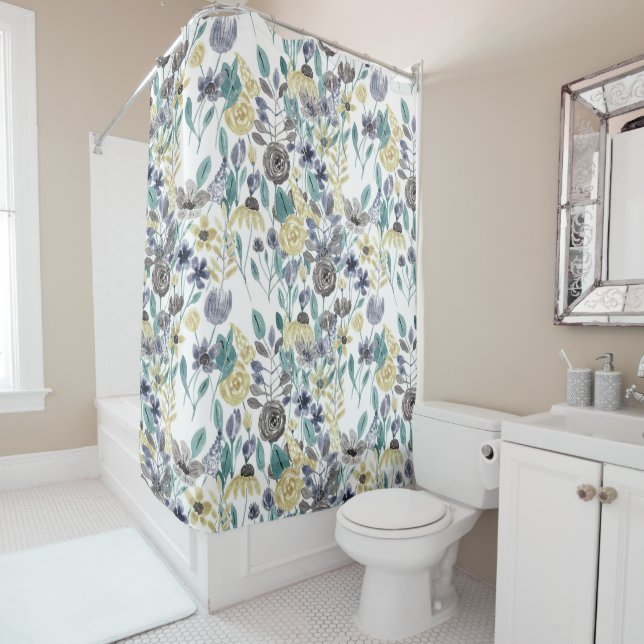 Modern Grey Yellow Floral Watercolor Pattern Shower Curtain (In Situ)