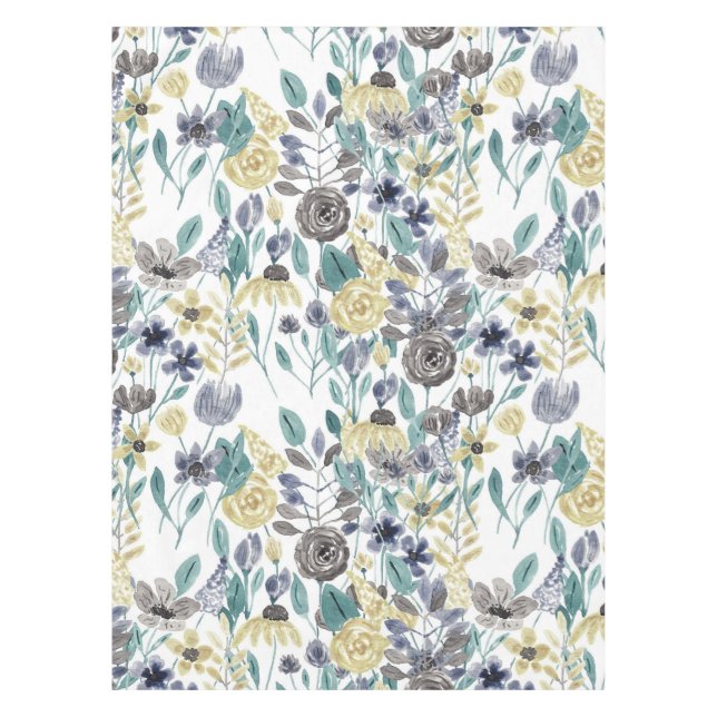 Modern Grey Yellow Floral Watercolor Pattern Tablecloth (Front)