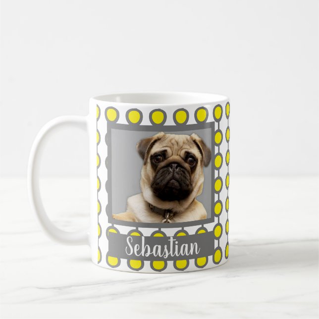 Modern Grey Yellow Geometric Pattern Pet Photo Coffee Mug (Left)