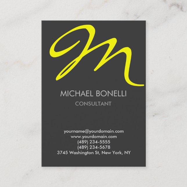 Modern grey yellow script monogram business card (Front)