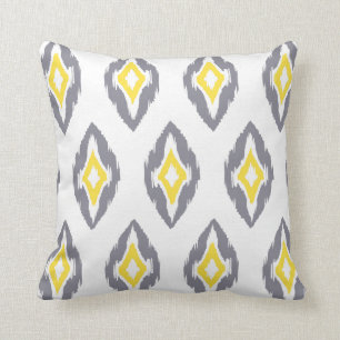 Modern grey yellow white Ikat Tribal Pattern 1b Cushion