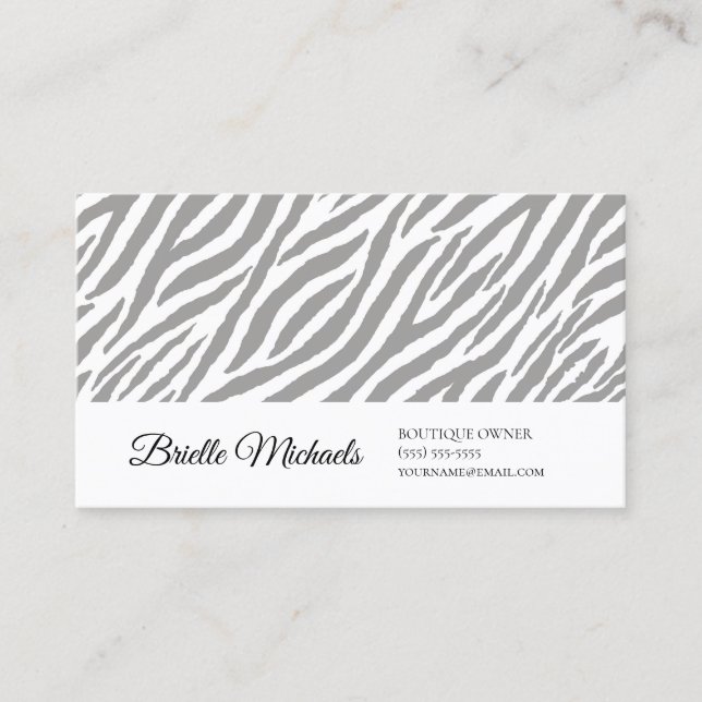 Modern Grey Zebra Print Professional Script Business Card (Front)