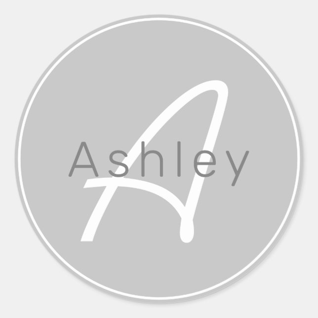 Modern Greys & White | Cool Name & Monogram Classic Round Sticker (Front)