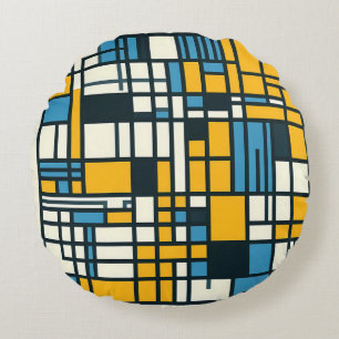 Modern Grid Abstraction – Mondrian-Inspired Geomet Round Cushion