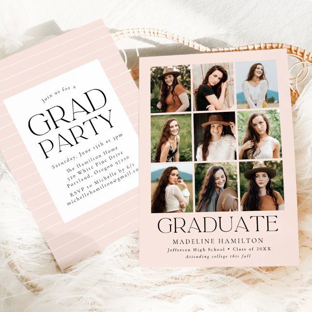 Modern Grid Blush 9 Photo Collage Graduation Party Invitation (Creator Uploaded)