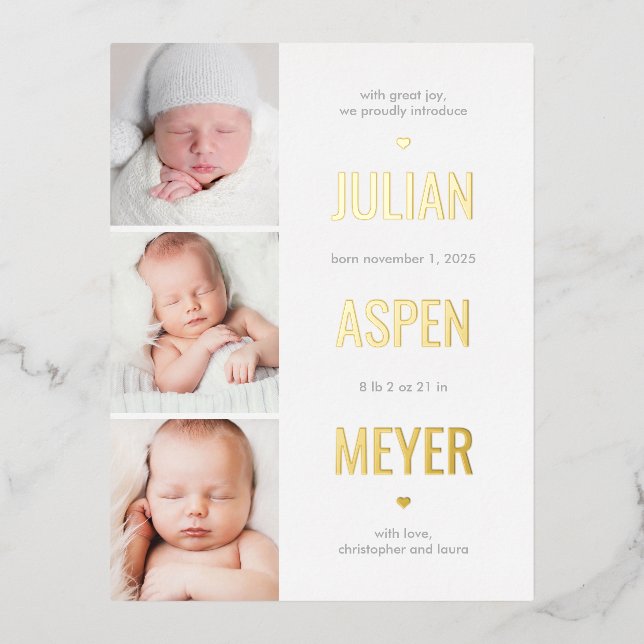 Modern Grid Foil Birth Announcement Postcard (Front)
