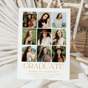 Modern Grid Gold 9 Photo Collage Graduation Announcement