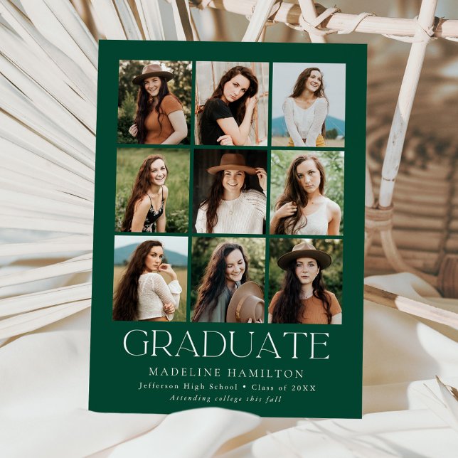 Modern Grid Green 9 Photo Collage Graduation Announcement (Creator Uploaded)