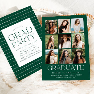 Modern Grid Green 9 Photo Collage Graduation Party Invitation