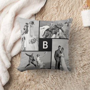 Modern Grid Lines Black Monogram 4 Photo Collage Cushion