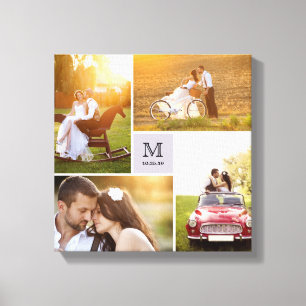Modern Grid Monogram Wedding 4 Photo Collage Canvas Print
