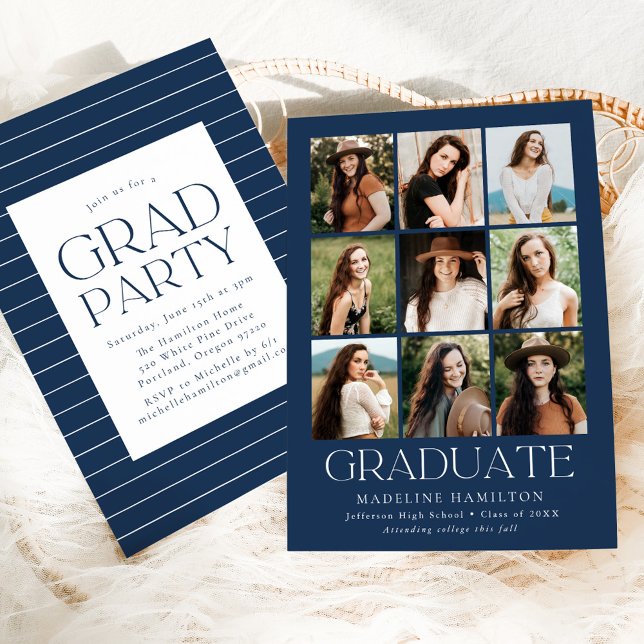 Modern Grid Navy 9 Photo Collage Graduation Party Invitation (Creator Uploaded)
