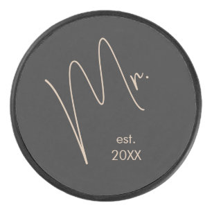 Modern Groom   Beige + Black Script Hockey Puck