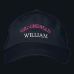 Modern Groomsman Bachelor Party Custom Embroidered Hat<br><div class="desc">Add a name and the role to play at the wedding by clicking the "Personalised" button. This chic and stylish cap serves as the perfect memento of a memorable getaway with your favourite buddies. The front of the cap showcases a captivating sports-inspired "Groomsman" typography that perfectly captures the fun and...</div>