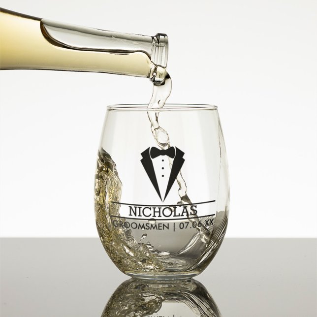 Modern Groomsmen Custom Name with Tuxedo Stemless Wine Glass (Creator Uploaded)