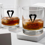 Modern Groomsmen Custom Name with Tuxedo Whiskey Glass<br><div class="desc">Elevate your groomsmen gifts with our custom glass can-a timeless keepsake that combines style and personalisation. The sleek silhouette of a tuxedo sets the tone, while beneath it, the groomsman’s name and the wedding date add a touch of individuality. Crafted for those who appreciate both sophistication and sentiment, this personalised...</div>