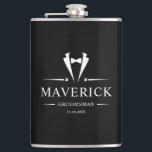 Modern Groomsmen Gift Classic Wedding Favours Blac Hip Flask<br><div class="desc">This stylish black and white groomsman flask features a classic tuxedo, bow tie, the groomsmen names, title and date written in a trendy, grey minimalist typography. Simply add the names of the groomsmen, title and date in the personalise section to create your own wedding party flask. Although shown here as...</div>