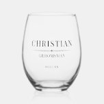 Modern Groomsmen Gift Elegant Best Man Wedding Stemless Wine Glass<br><div class="desc">This sophisticated wedding party wine glass, crafted for your wedding celebration, boasts an elegant border and traditional typography. It showcases the individual's name, title, and the date of the wedding in a classic, black minimalist design. To customise, simply input the groomsman's name, their specific titles, and the date into the...</div>