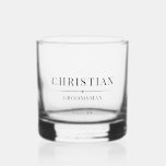 Modern Groomsmen Gift Elegant Best Man Wedding Whiskey Glass<br><div class="desc">This sophisticated wedding party whiskey glass, crafted for your wedding celebration, boasts an elegant border and traditional typography. It showcases the individual's name, title, and the date of the wedding in a classic, black minimalist design. To customise, simply input the groomsman's name, their specific titles, and the date into the...</div>