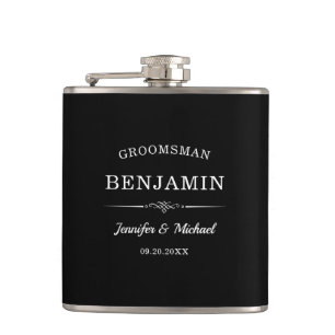 Modern Groomsmen Gift Elegant Bride and Groom Name Hip Flask