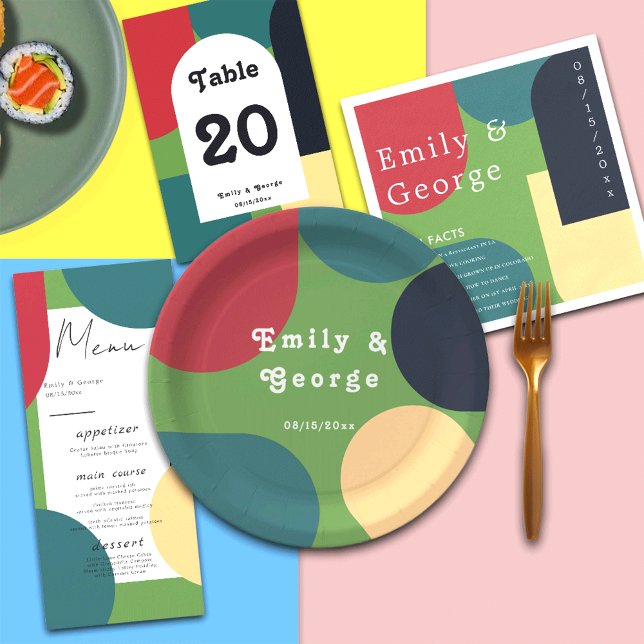 Modern Groovy Colourful Abstract Chic Retro Weddin Paper Plate (Creator Uploaded)