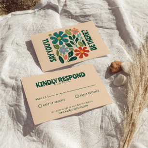 Modern Groovy Colourful Retro Bold Floral Wedding  RSVP Card