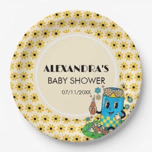 Modern Groovy Daisy Blue Yellow She's Ready to Pop Paper Plate